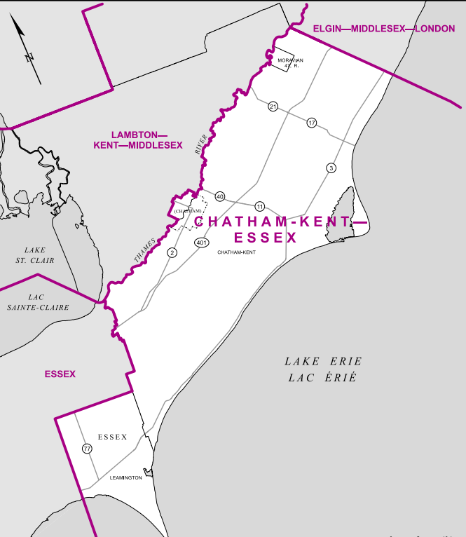 A largely rural riding in southwest Ontario, Chatham-Kent-Essex is bordered by Lake Erie to the south, the Thames River to the north (excluding the city of Chatham), the towns of Leamington and Tilbury to the west, and the Chatham-Kent border to the east.