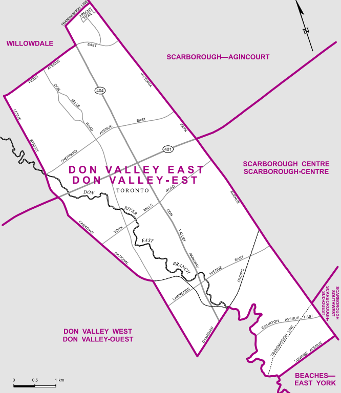 Don Valley East stretches as far north as Finch Avenue (save for Shawnee Park) and as far south as Sunrise Avenue, Victoria Park Avenue in the east and the Don River, the CN Rail line, Don Mills Road, and Leslie Street in the west.