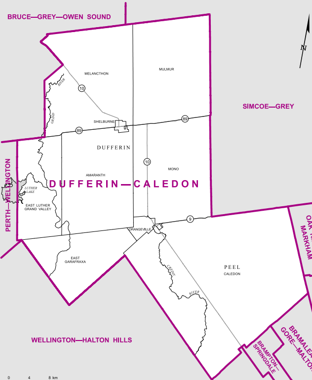 A rural riding on the edge of the GTA, Dufferin-Caledon consists of Dufferin county and Caledon. The largest population centres are Bolton and Orangeville, each with around 30,000 people.