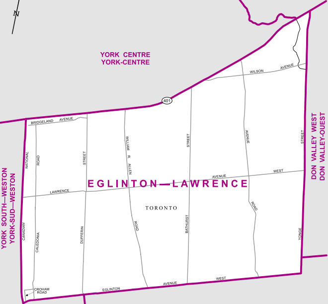 The riding is bordered by Highway 401 to the north, Yonge Street to the east, Eglinton Avenue to the south and the CN rail line to the west.