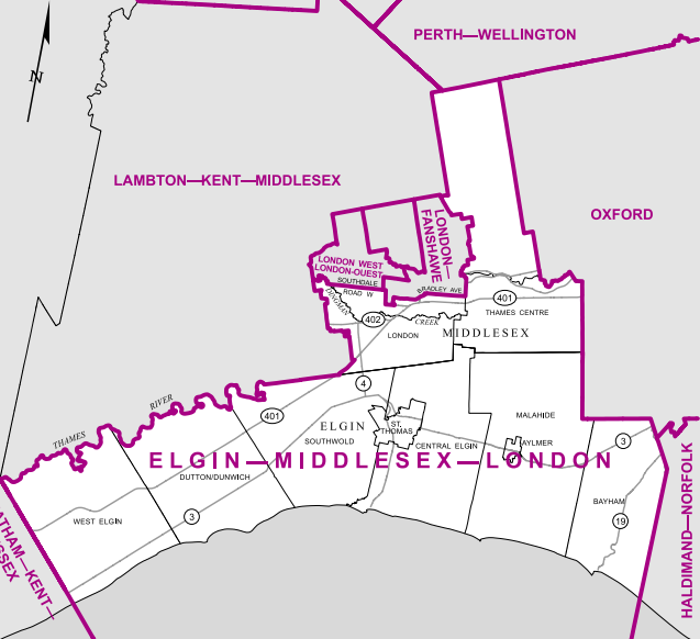 An oddly shaped riding, Elgin-Middlesex-London spans all of Elgin County across Lake Erie but also extends north around its midpoint to encompass Thames Centre and the outskirts of southwest London.