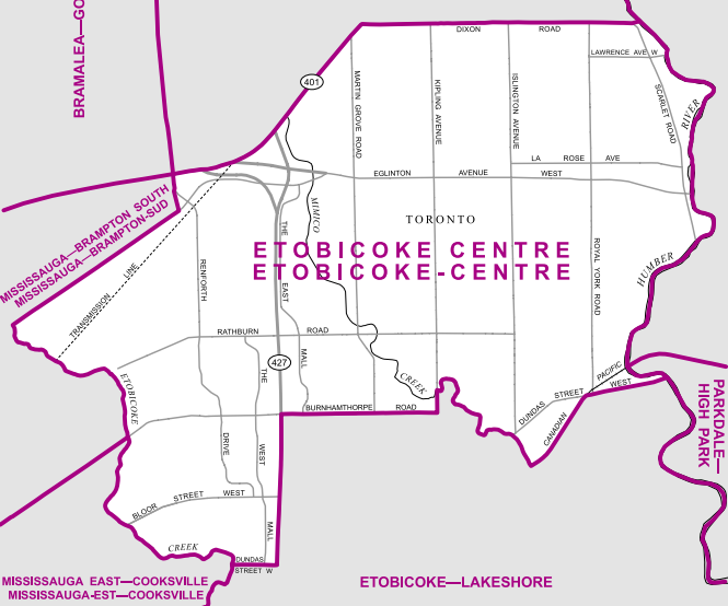 The riding is – not surprisingly – located in the centre of Etobicoke and encompasses the area between Dixon Road and Dundas Street, excluding the parts of Eatonville east of Highway 427 and south of Burnhamthorpe Road.