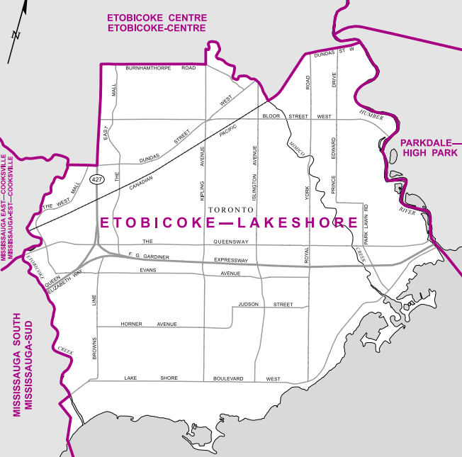 This riding captures all of Etobicoke south of Dundas along with the parts of Eatonville east of Highway 427 and south of Burnhamthorpe Road.