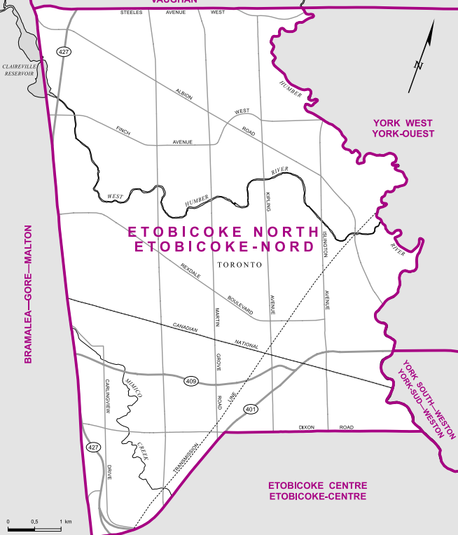 The riding spans all of Etobicoke north of Dixon Road and is, as the name suggests, the most northern of Etobicoke’s three ridings.
