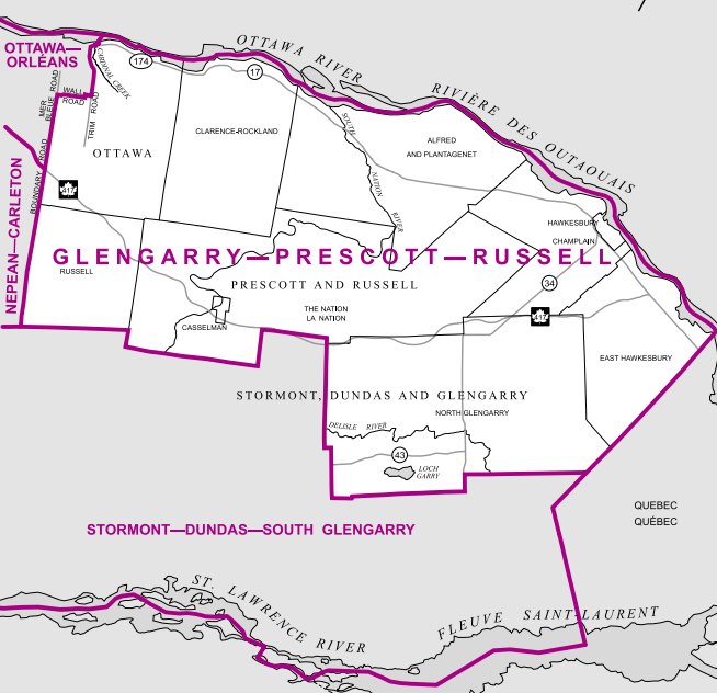 The riding is the easternmost riding in Ontario and spans from the eastern edge of Orléans to the Quebec border, stretching as far south as Alexandria and St. Albert. Clarence-Rockland, Hawkesbury, and the township of Russell are some of the largest population centres.