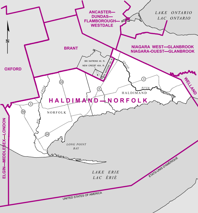 A large riding on the shores of Lake Erie, Haldimand-Norfolk comprises the two counties in its name, excluding the Six Nations and New Credit reserves. Simcoe and Dunnville are the two largest population centres.