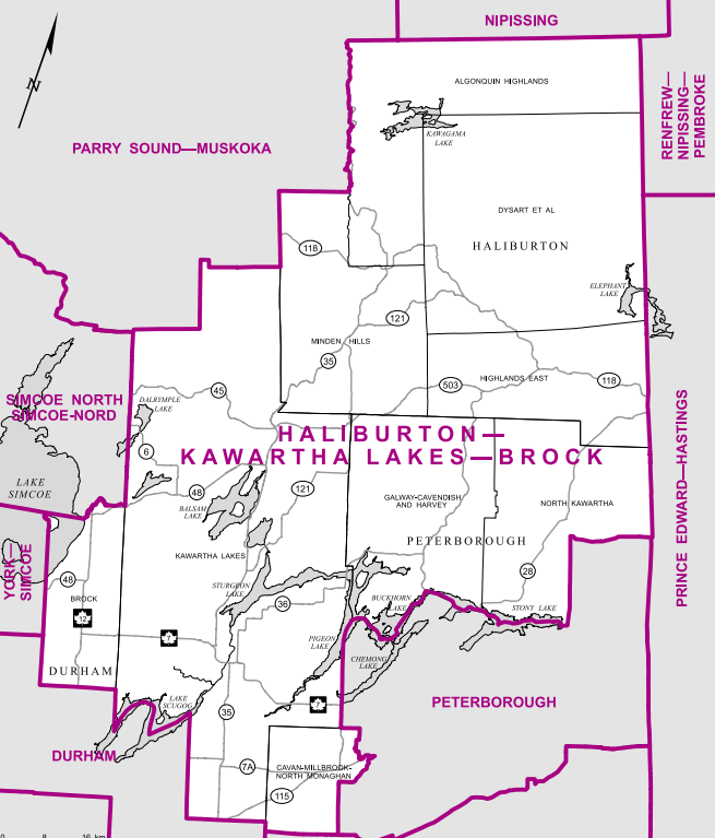 Part of Ontario’s cottage country. this rural riding is centered around the sprawling municipality of Kawartha Lakes and includes the Victoria region, rural areas of Peterborough, and the southern part of Algonquin Park.