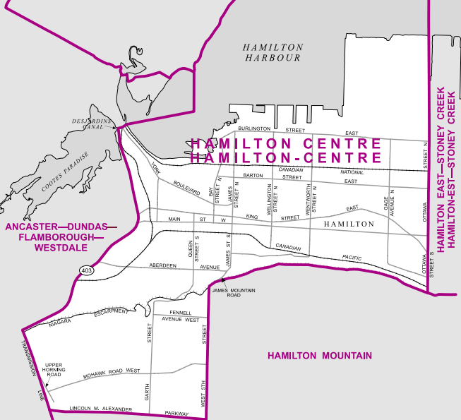 A small riding centred around downtown Hamilton, the riding is bordered by the Highway 403 to the west, the Lincoln Alexander Parkway and Sherman Access in the south, and Ottawa Street to the east.