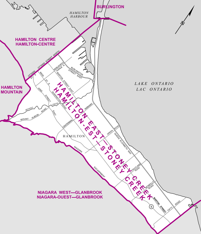 The most suburban of Hamilton’s three ridings, this riding comprises parts of Hamilton north of the Niagara escarpment and east of Mountain Brow Boulevard and Ottawa Street.