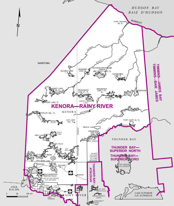 The westernmost riding in Ontario, the riding goes from the the Manitoba border to Fort Severn in the north and Fort Frances in the south.