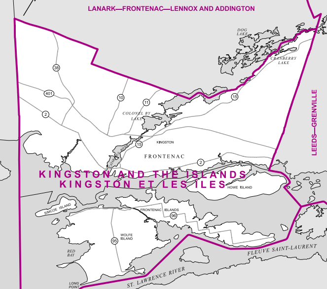 An urban-rural riding along the St. Lawrence River, this riding goes as far north as Cranberry Lake, as far east as Howe Island, and as far west as the edge of Amherstview.