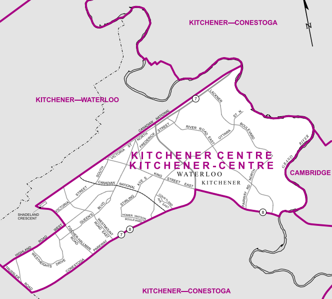 The smallest and most urban riding in “Canada’s technology triangle”, Kitchener Centre is bordered by Highway 8 to the south, the Grand River to the east, and the CN Rail line to the north, excluding the top half of West Heights.