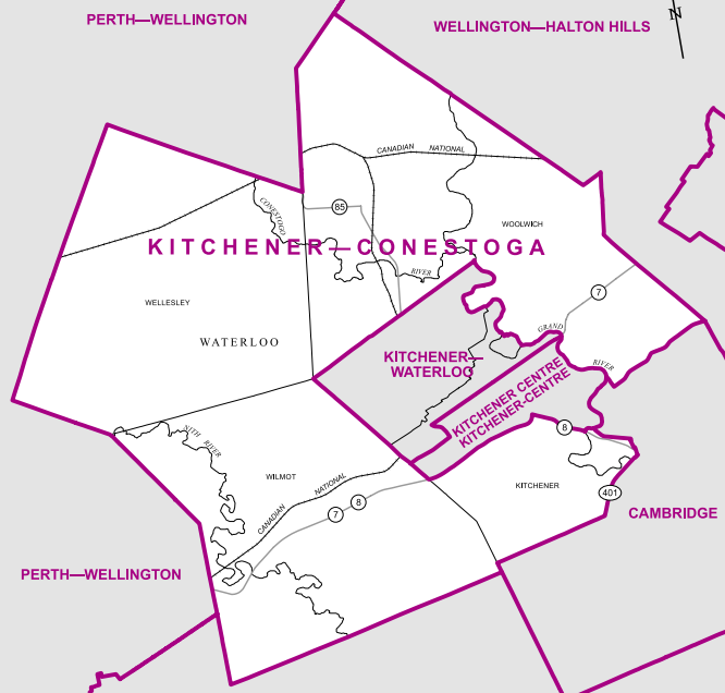 This riding includes the southern suburbs of Kitchener south of Highway 8, along with many nearby small towns including Elmira, New Hamburg and Wellesly.