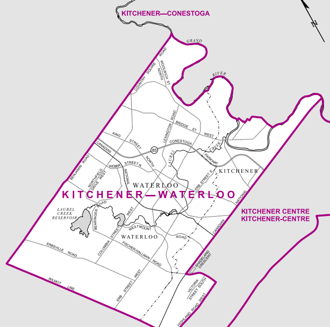 It may be called Kitchener-Waterloo, but this riding comprises all of the city of Waterloo and the most northern parts of Kitchener – everything above the CN rail line and the northern half of Westheights.