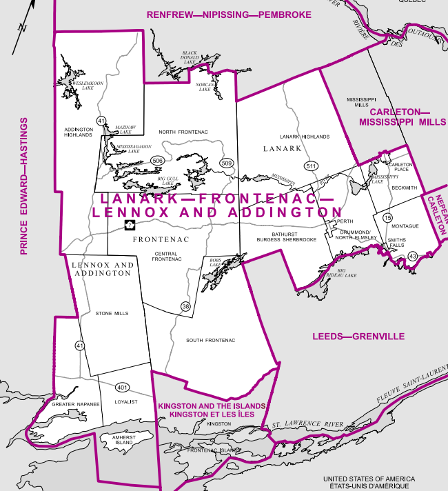 A strangely shaped riding with parts of many different counties, Lanark-Frontenac-Lennox and Addington includes the small towns to the west and north of Kingston, along with some of the towns on the far southwest outskirts of the Ottawa region. Perth and Smiths Falls are the largest population centres in this sprawling riding, which averages just 14 people per square kilometre.