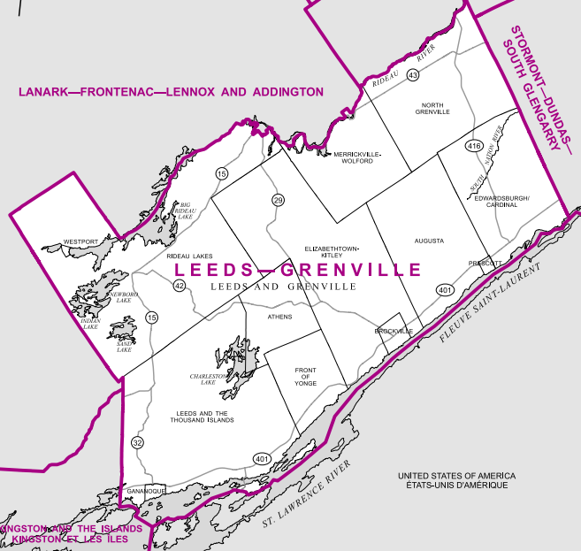 A rural riding along the banks of the St. Lawrence River between Kingston and Highway 416, Leeds-Grenville contains a number of small cities, including Kemptville, Brockville, Gananoque and Prescott.