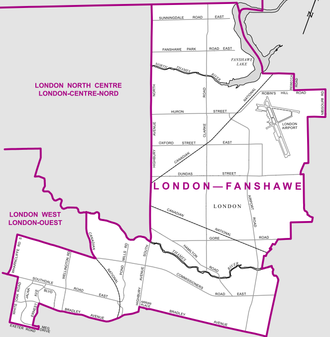 The eastern third of London, this riding encompasses London east of Highbury Avenue, along with areas south of the Thames that are east of Wharncliffe Road and south of Commissioners Road.
