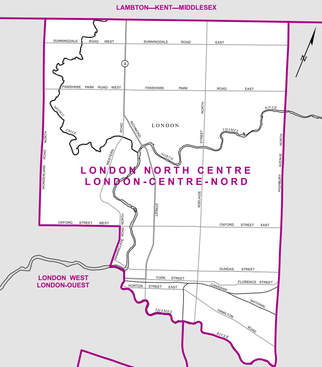 One of three London ridings, this electoral districts spans everything north of the Thames River between Highbury and Wonderland Road, with the exception of a small pocket of homes surrounding West Lions Park.