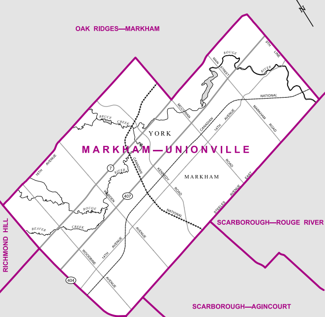The southern part of Markham, this riding consists of everything west of Ninth Line and South of 16th Avenue until McCowan Road, at which point the northern border becomes Highway 7.