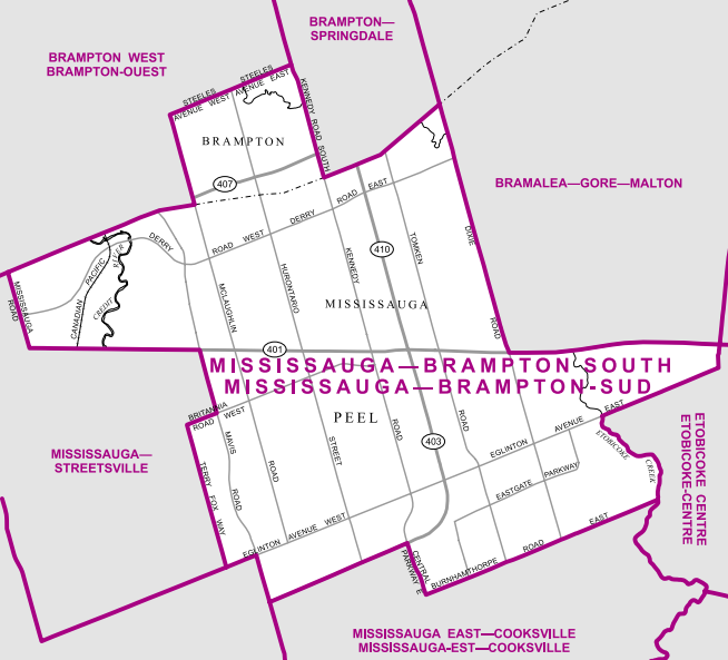 The only part of this riding in Brampton is a few blocks between McLaughlin Road and Kennedy Road. The rest is Mississauga, mostly between Highway 407 and the 401, stopping at Mississauga Road in the north and Mavis Road in the south.