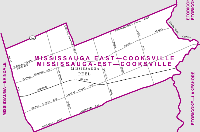 The smallest of Mississauga’s five ridings, Mississauga-East Cooksville is bordered by Mavis Road to the west, Queensway to the south, the Toronto border to the east, and Burhamthorpe Road to the north until Central Parkway, and Highway 403 thereafter.