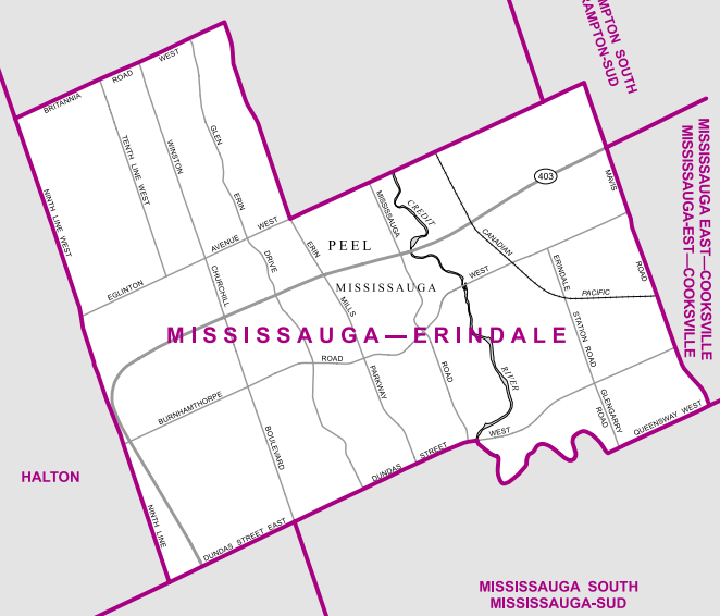 The central-west Mississauga riding lies mostly between Mavis Road to the east, Dundas Street to the south, North Line to the west and Eglinton Avenue to the north, with the exception of a few blocks around Credit Valley Golf and Country Club, and the area east of Erin Mills Parkway and south of Britannia Road.