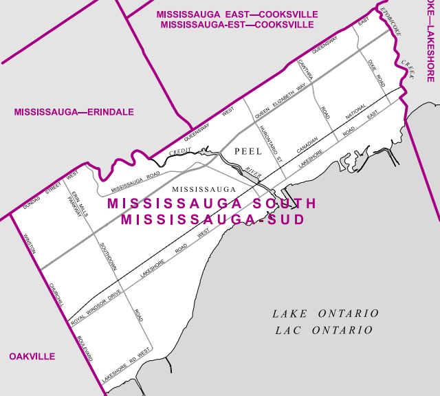 Spanning the entire southern part of Mississauga, the riding’s northern border is Dundas to the west of Credit River, and Queensway east of it.