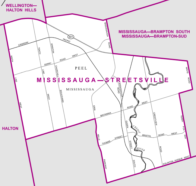 The northwest Mississauga riding generally follows Highway 401 in the north, Mavis Road and Terry Fox Way to the east and Eglinton Avenue and Britannia Road to the south.