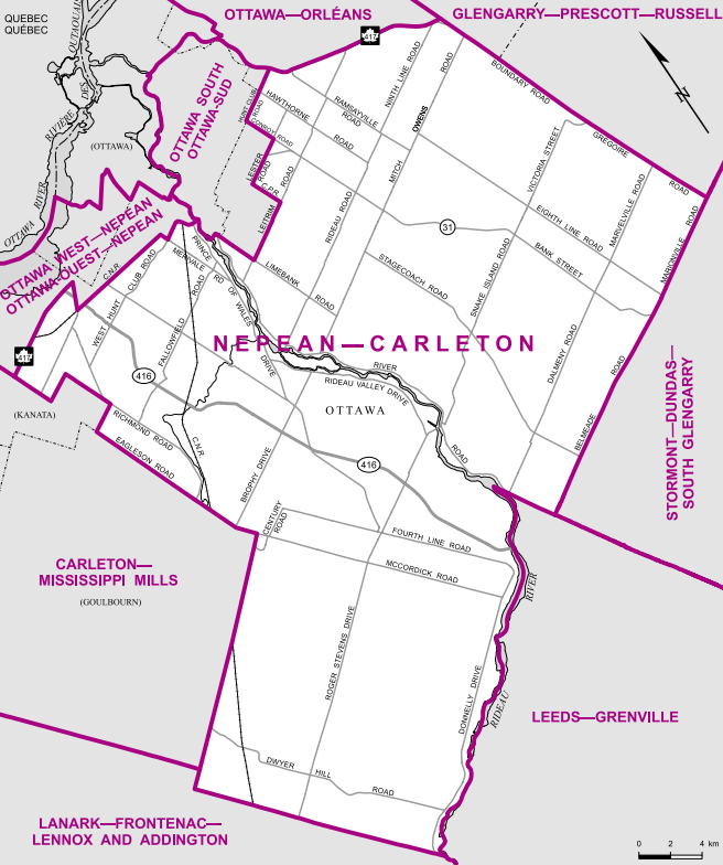 The rural-suburban riding in the south part of Ottawa, this electoral district ends at the CN Rail line west of the Rideau and at the airport east of it. It extends south until the outskirts of Kemptville.
