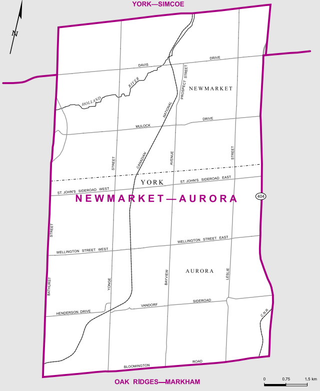 Containing the two cities identified in its name, Newmarket-Aurora is bordered by Bloomington Road to the south, Green Line to the north, Bathurst to the west and Highway 404 to the east.