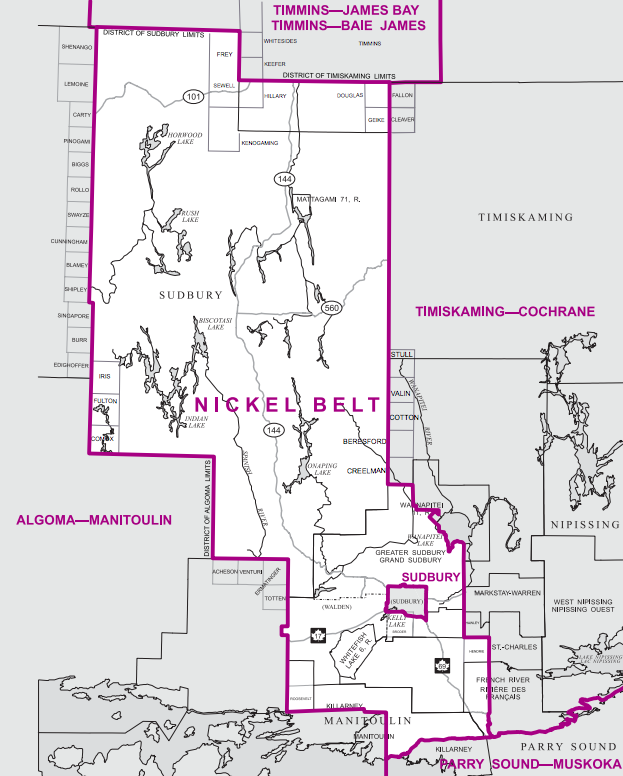 The Nickel Belt riding goes as far north as the outskirts of Timmins and stretches south to Killarney Provincial Park and French River Park. The largest population base is in the Valley East district north of Sudbury, home to a number of small French communities.