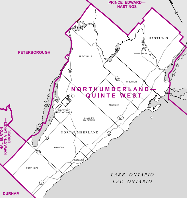 A somewhat rural riding on the shores of Lake Ontario, Northumberland-Quinte West is bordered by Rice Lake to the north and spans the area between Belleville and Clarington. Trenton is the largest population centre, but the small towns along Highway 401 (Port Hope, Cobourg) make up much of the population in this riding.