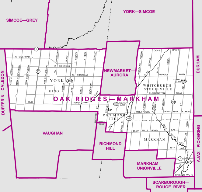 A gigantic riding in York region, Oak Ridges-Markham was created in 2005 to service parts of the region that weren’t densely populated – including north Richmond Hill, north Markham, and Whitchuch-Souttville. Close to 100,000 people have moved to the riding since 2005, and Oak Ridges-Markham is now 20,000 people larger than any other riding in Ontario.