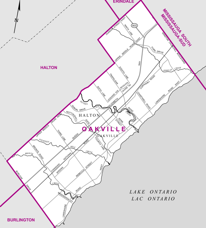 The riding of Oakville stretches from Winston Churchill Boulevard in the east to Burloak Drive in the west and everything south of Upper Middle Road.