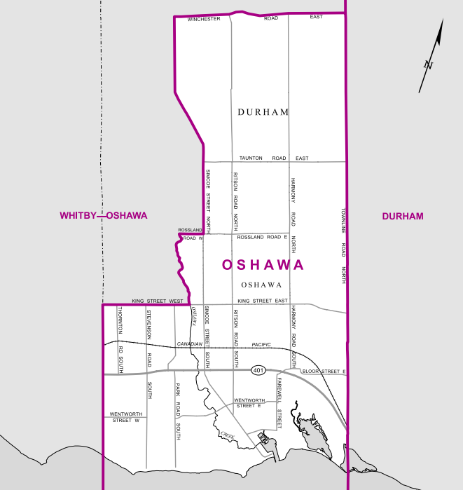 The densest of Durham’s five ridings, it includes most of the city of Oshawa, excluding the neighbourhoods surrounding Oshawa Municipal Airport, along with the rural areas north of Winchester.