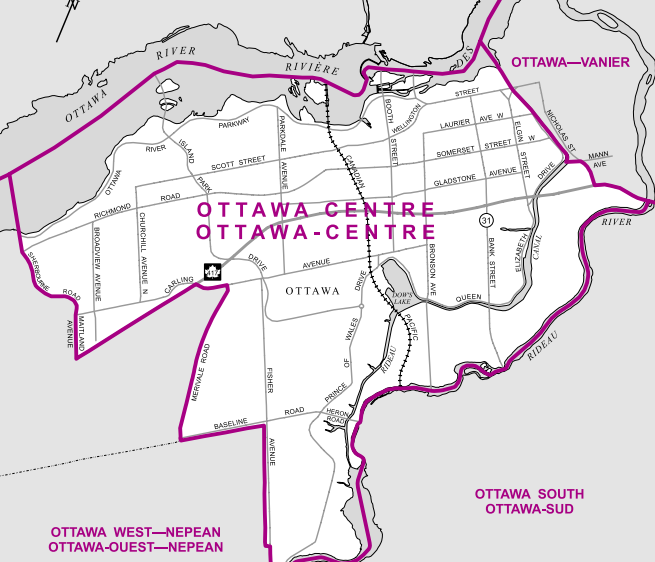 The “downtown Ottawa” riding, Ottawa Centre is bordered by the Ottawa River in the north from the Alexandra Bridge in the east to Sherbourne Road in the west, and narrows until it ends just before Nepean Creek.
