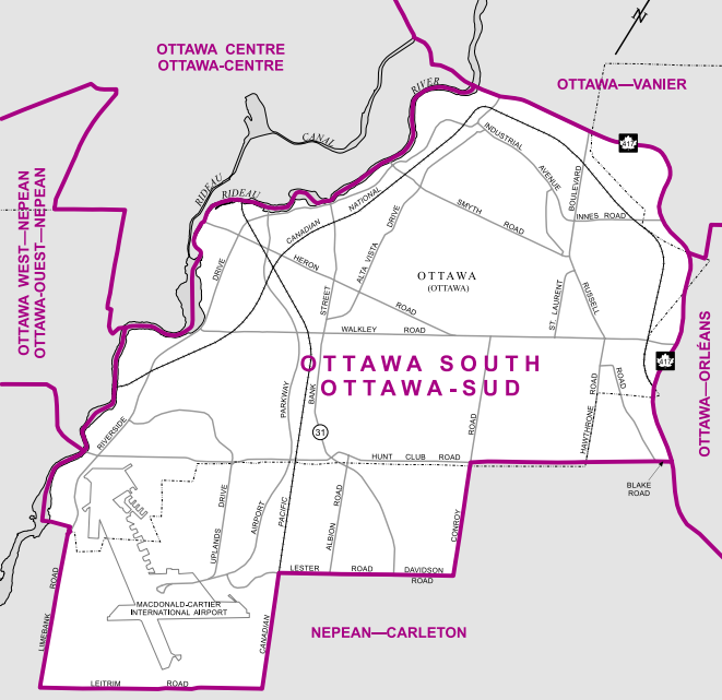 Bordered by the Rideau River to the west, Davidson Road to the south, Queensway to the north, and Highway 417 to the east, Ottawa South is the second oldest of the eight Ottawa ridings.