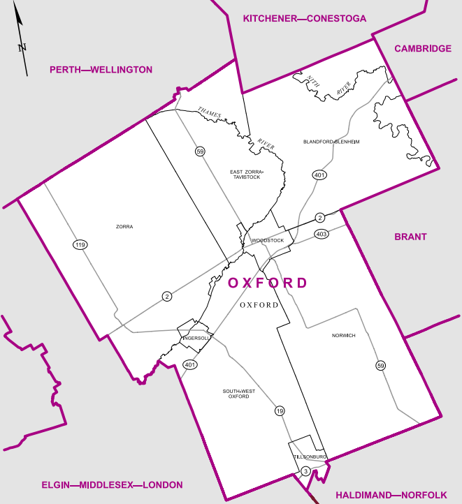 This rural riding consists exclusively of Oxford county including the towns of Woodstock, Tillsonburg and Ingersoll.
