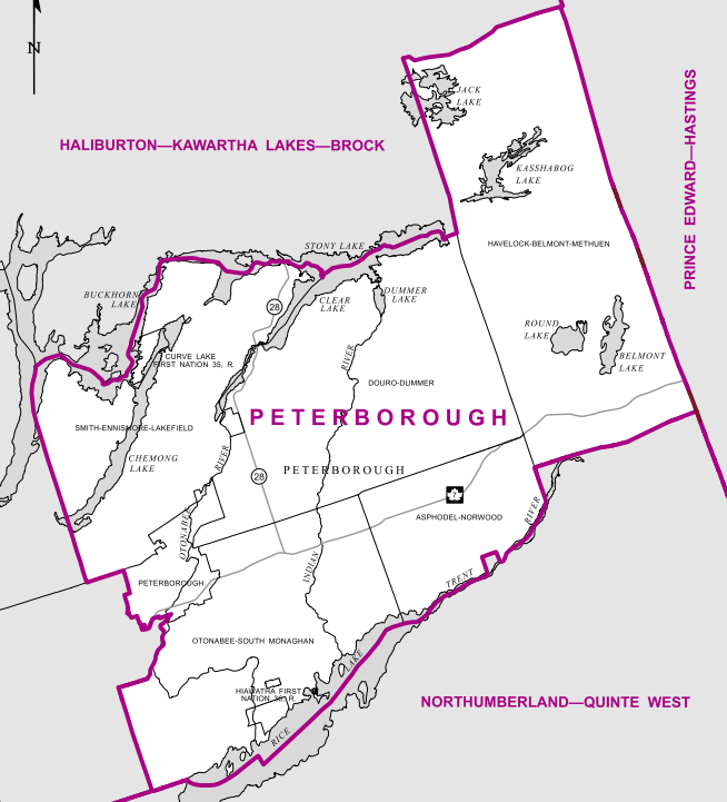 Encompassing the city of Peterborough and the rural lands to the east of it, this district goes as far south as Rice Lake, as far north as Lower Buck Horn Lake (excluding a small area to the east of Stoney Lake), and as far east as the Marmora boundary.