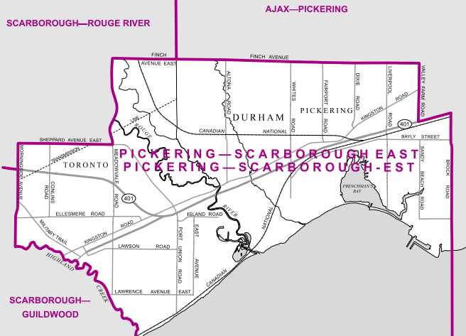 Divided, as the name suggests, between Pickering and the eastern end of Scarborough, this riding is bordered by Highland Creek and Morningside Avenue to the west, Sheppard and Finch Avenue to the north, and Brock and Valley Farm Road to the east.