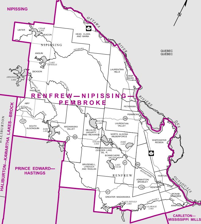 A riding running from west of Ottawa to northern Ontario, this district includes all of Renfrew County along the Ottawa River, the eastern half of Algonquin Provincial Park and the area to its north and south.