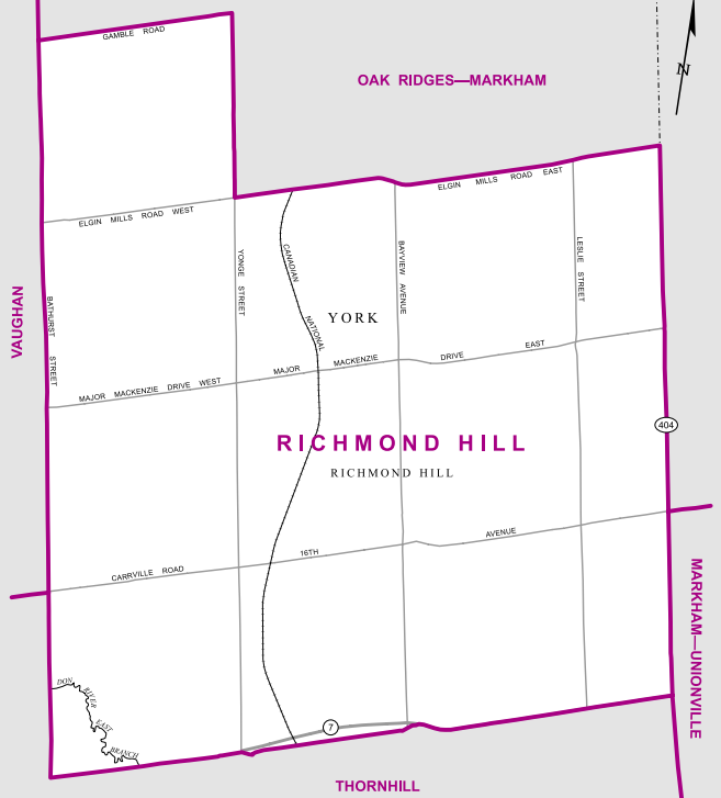 Consisting the southern half of its namesake city, this suburban riding is bordered by Highway 7 to the south, Highway 404 to the east, Bathurst to the west, and Gamble and Elgin Mill to the north.