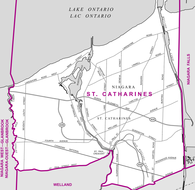 A relatively urban riding, St. Catharines includes virtually all of its namesake city, with the exception of the neighbourhood of Western Hill and tracts of farmland in the southwest of the city.