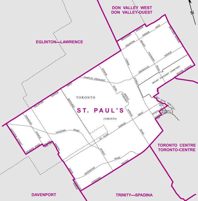 A wealthy riding in the middle of old Toronto, St. Paul’s is bordered by the CP Rail line to the south, Eglinton Avenue to the north, Bayview Avenue to the east and Dufferin to the west.