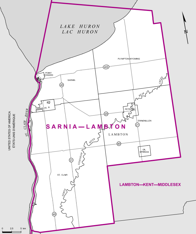 This urban-rural riding includes the city of Sarnia, along with a large portion of Lambton County, stretching as far south as Walpole Island and as far east to include the towns of Wyoming and Petrolia.