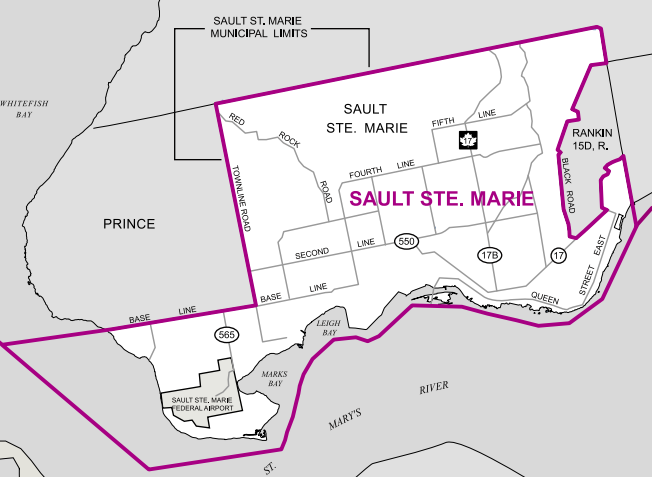 This riding is located entirely within the municipal limits of Sault Ste. Marie and excludes Prince Township and the First Nations reserve of Rankin.