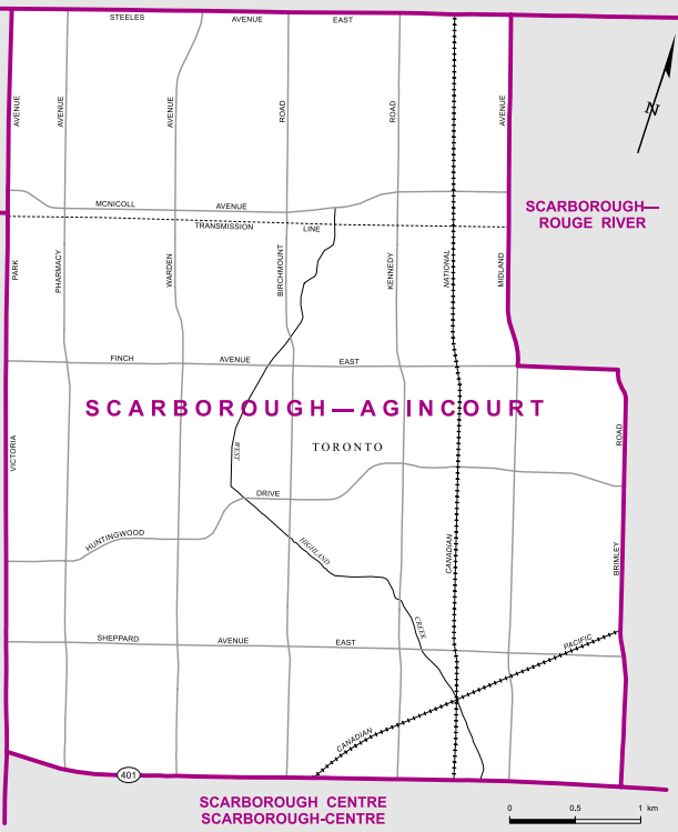 The northwest Scarborough riding is bordered by Highway 401 to the south, and Brimley Road to the east until Finch Avenue when the border becomes Midland Avenue.
