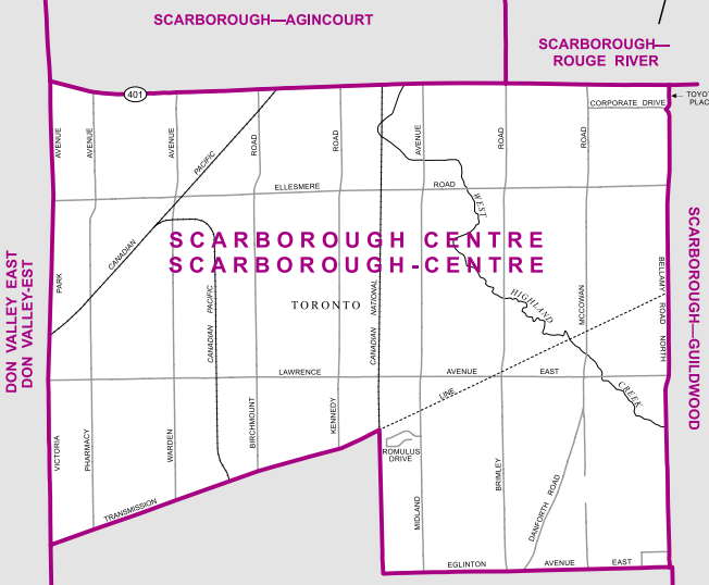 The oldest of Scarborough’s five seats, this riding is bordered by Highway 401 to the north, Bellamy Road to the east, Victoria Park Avenue to the west, and the Transmission Line and Eglinton Avenue to the south.