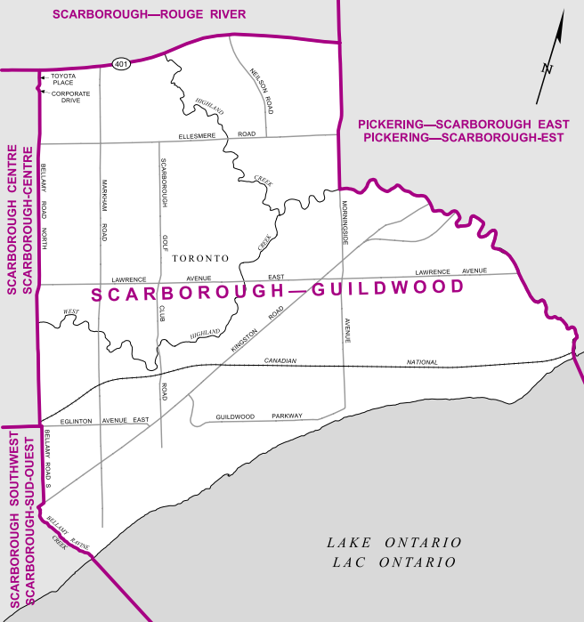 The “Southeast Scarborough” riding, this riding is bordered by Bellamy Road to the west, Highway 401 to the north, and Morningside Avenue and Highland Creek to the east.