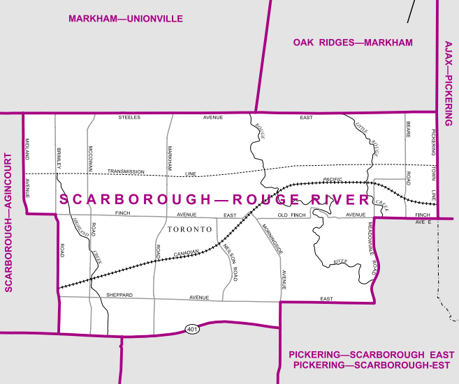 The Northeast Scarborough riding, this electoral district is bordered by Brimley and Midland Avenue to the west, Steeles to the north, Highway 401 to the south, and Rogue Park to the east, except for the southeast part of the Rogue neighbourhood.